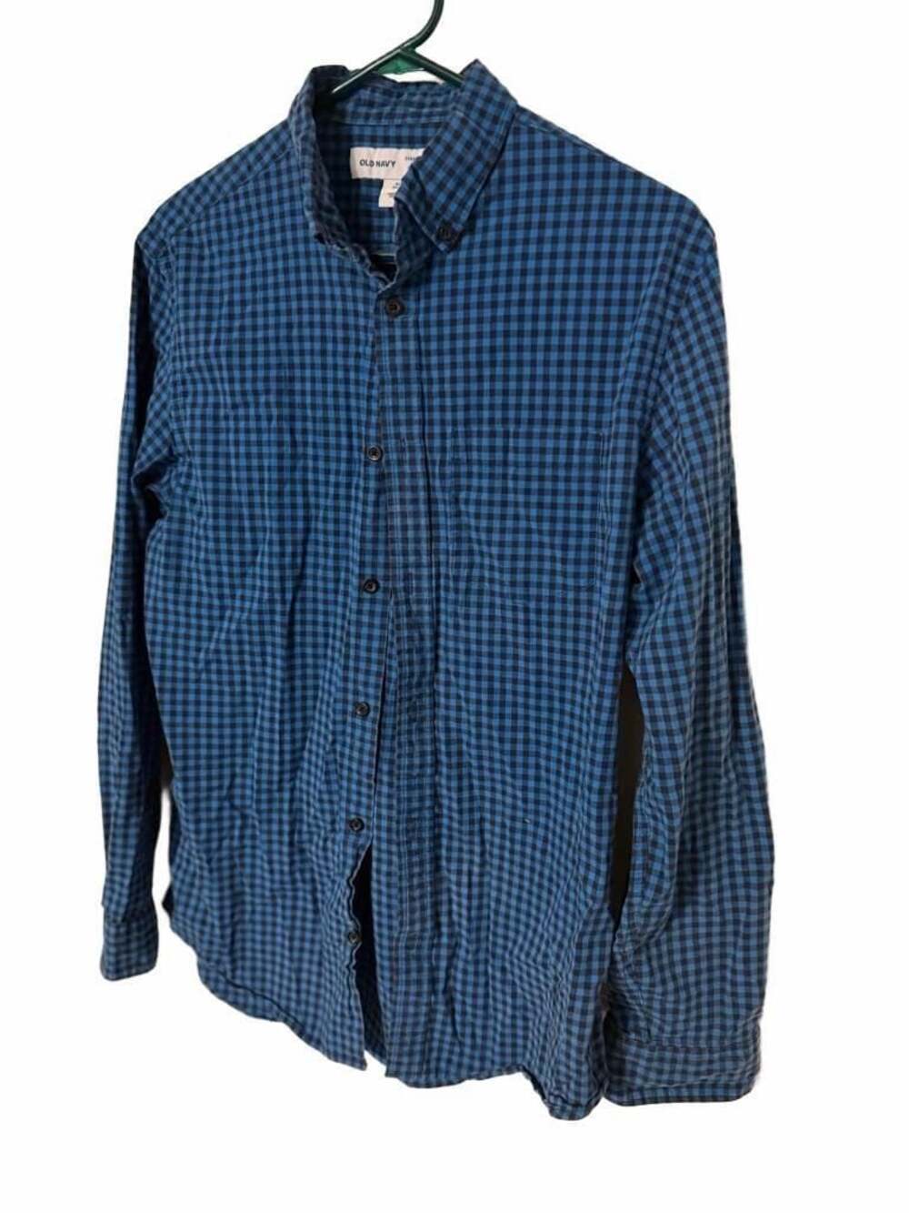 Old Navy Men's Blue and Black Gingham Long Sleeve Button-Up Shirt